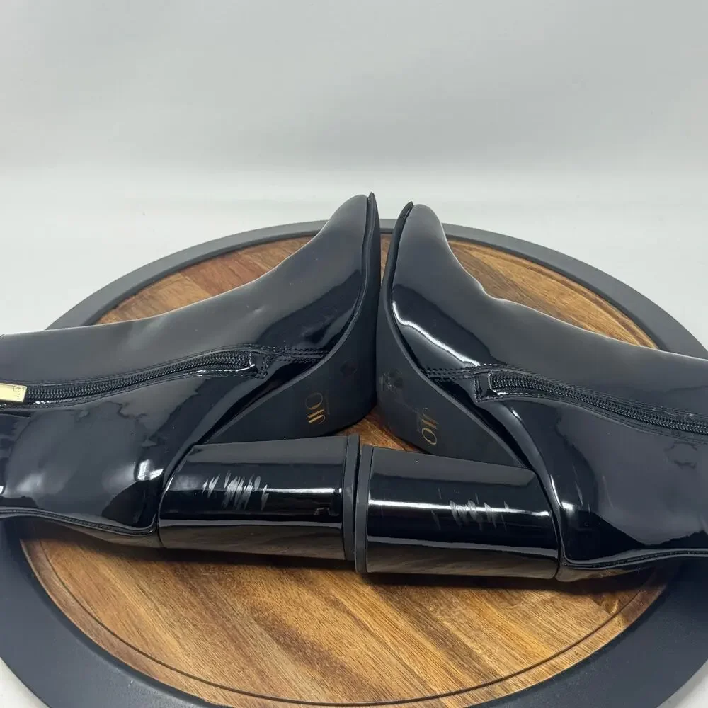 JLO Jennifer Lopez Mid Calf Ankle Black Patent Faux Leather Boots Shoes Size 9 - Picture 5 of 10